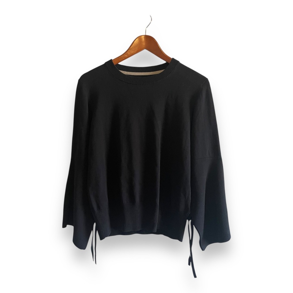 Brochu Walker Black Cotton Side Tie Bell Sleeve Crewneck Sweater Women's Small